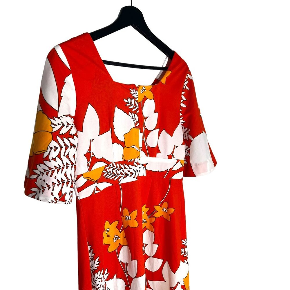Vintage 60s Hawaii Nei Red Floral Short Sleeve Empire Waist Full Length Dress Me - Picture 5 of 10
